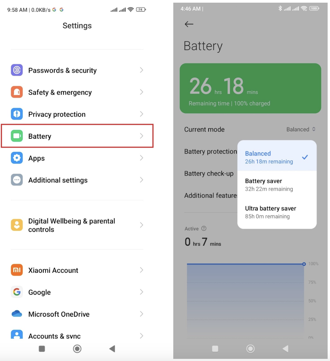On your Android phone, open Settings and tap on Battery; then turn off the power-saving mode